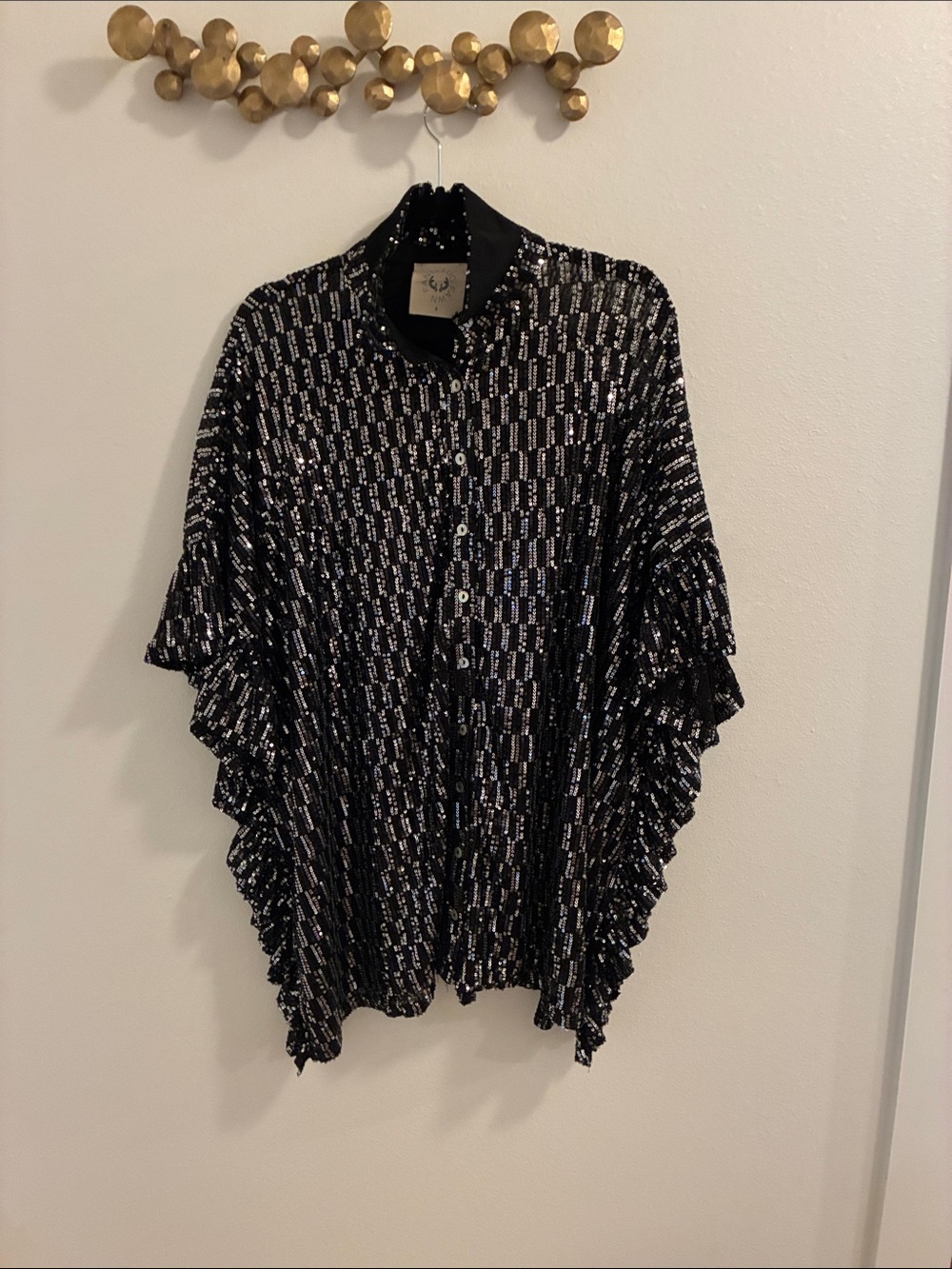 Fantastic Fawn Black and Silver Sequins Button-Up Blouse